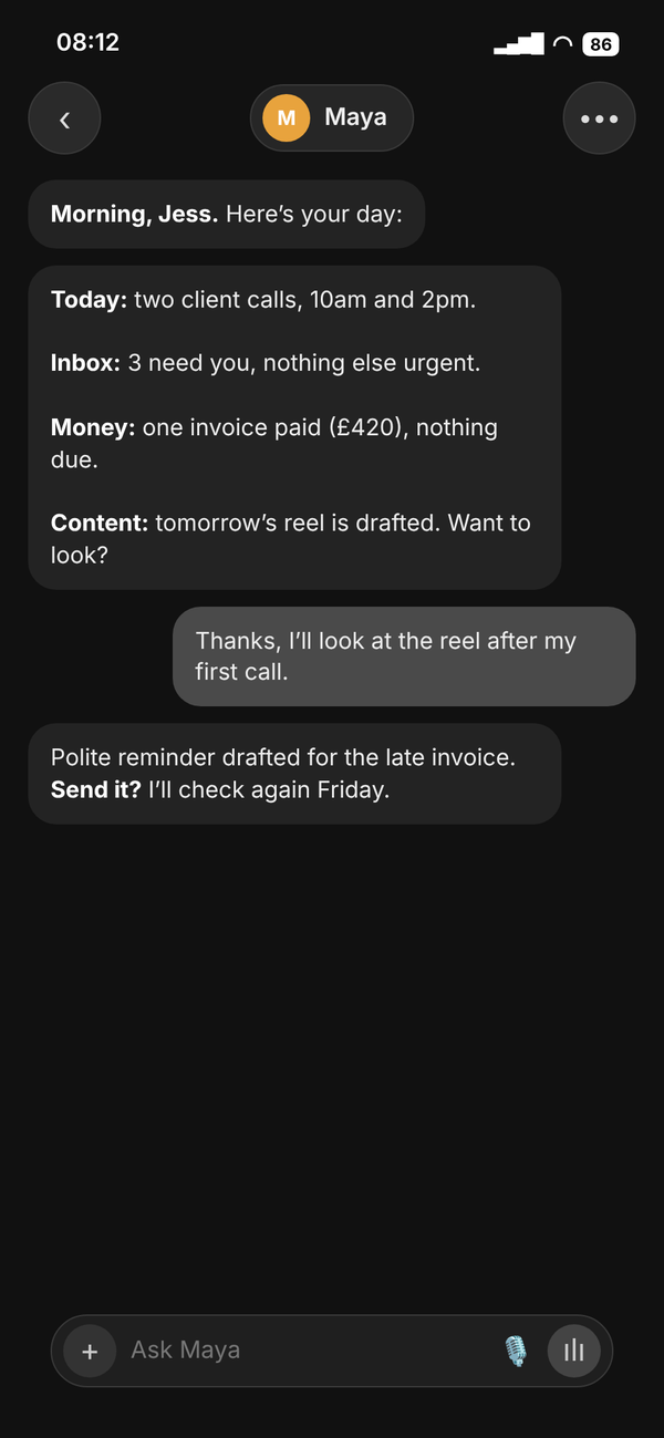 Chief of Staff chat: morning briefing with today’s calls, inbox, money and content
