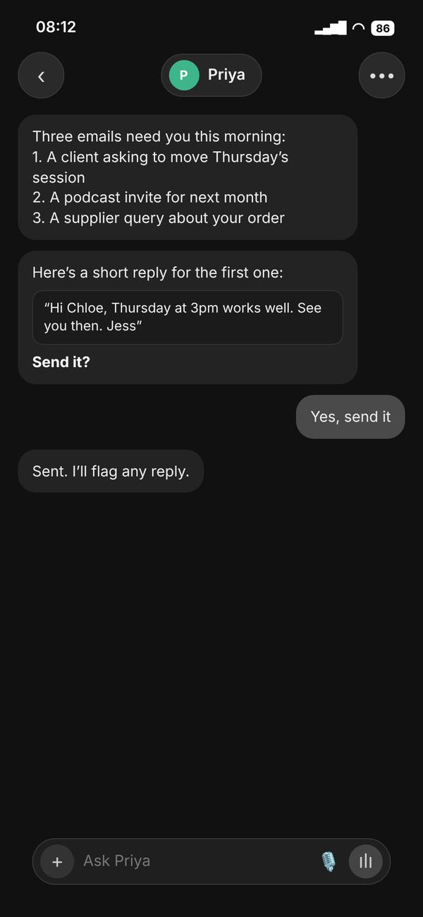 Inbox chat: three emails that need a reply, with a draft ready to send