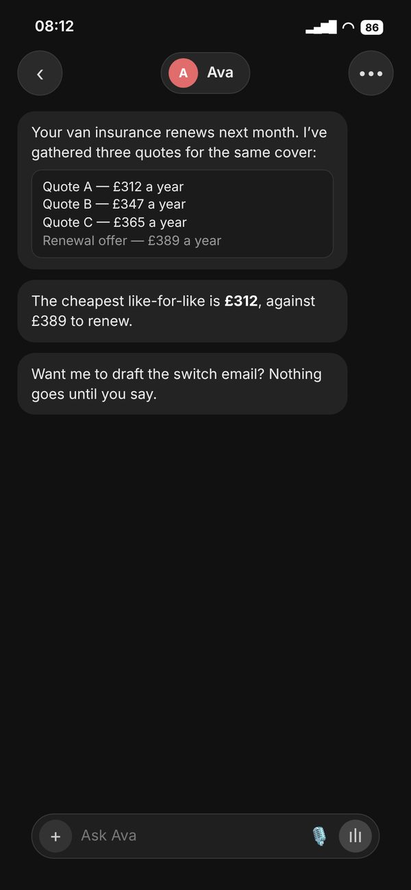 Admin chat: three insurance quotes compared against the renewal offer