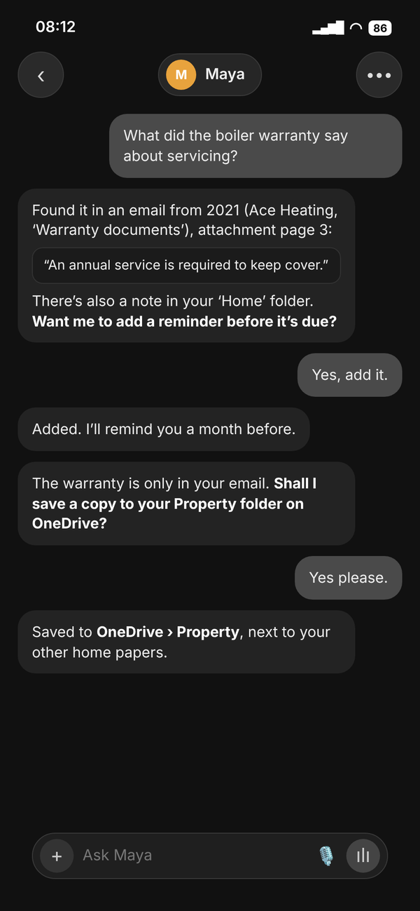 Search chat: one question answered from email and files, with the small print quoted